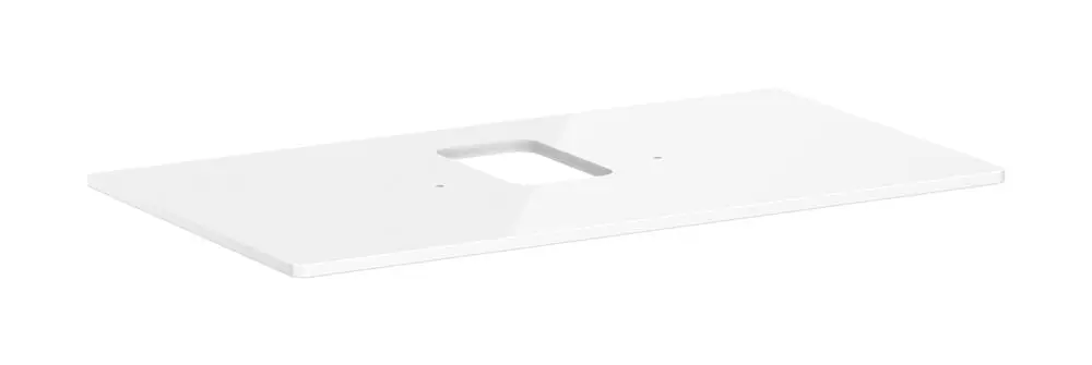 Weißes Konsolenplatte von Hansgrohe mit mittigem Ausschnitt für einen Aufsatzwaschtisch. Flache, glänzende Oberfläche ohne weitere Beschriftungen oder Markierungen.
